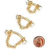 ALACLO 3 Pcs 316L Stainless Steel 16G Tragus Helix Rook Piercing Jewelry with Chain, Cartilage Earrings for Women, Belly Button Ring Vertical Labret Lip Piercing Jewelry