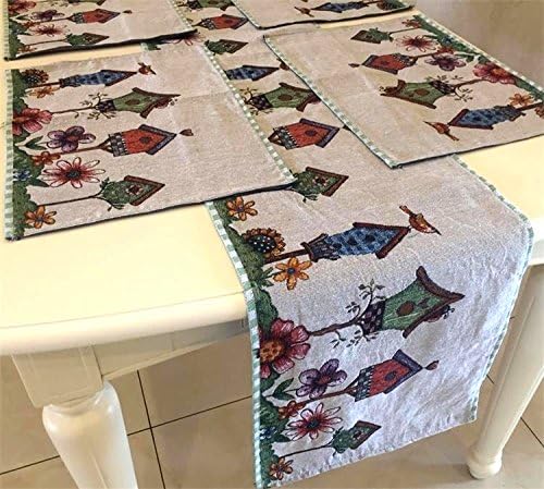 Set of 1 Tapestry Table Runner and 4 Placemats,Colorfulife Boutique Art Jacquard Design Mats Indoor Outdoor Dining Accessories for Festival Home Decoration (5# Bird House)