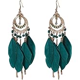 Long Boho CZ Feather Dangle Drop Earrings for Women Gold-Toned Enamel Round Turquoise Beaded Fringe Tassel Dangling Statement Studs Earring Lightweight Link Piercing Fish Hook Bohemian Ethnic Jewelry