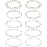 Zelphvt 10 PCS Faux Pearl Bracelets for Women White Pearl Bracelets Stackable Bracelet Wedding Elastic Pearls Bracelet for Bridesmaid Wedding Bridal Party