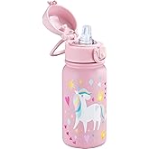 OLDLEY 12oz Kids Water Bottle, Stainless Steel Insulated Water Bottle For Kids, With Straws Leak-proof, Kids Water Bottles For School Boys Girls,Unicorn