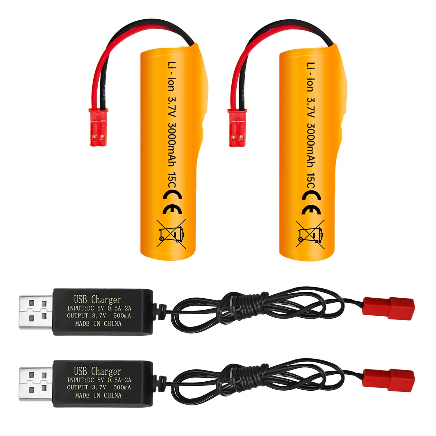 2PCS 3.7V 3000mAh Plug JST Li-ion Battery with USB Charging Cable for HJ819 DE819 RC Boat Huina 1337 1338 1516 1517 1552 1554 1558 RC Engineering Car Off-Road Racing Toy