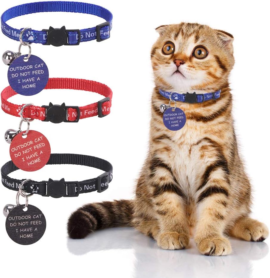 KOOLTAIL Cat Collar with Bell,3 Pack Do Not Feed Cat Collars with Warning Board Hanging "Do Not Feed Me",Cute Lightweight Adjustable Breakaway Kitten Collar with Safety Buckle