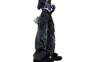 ETHBOX Women's Five Point Star Work Dress Jeans Multi Pocket High Waist Loose Y2K Drop Feel Jeans Gothic Wide Leg Pants