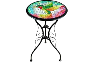 LIFFY Outdoor Mosaic Side Table Hummingbird Garden End Table Small Patio Round Printed Glass Table for Yard or Lawn