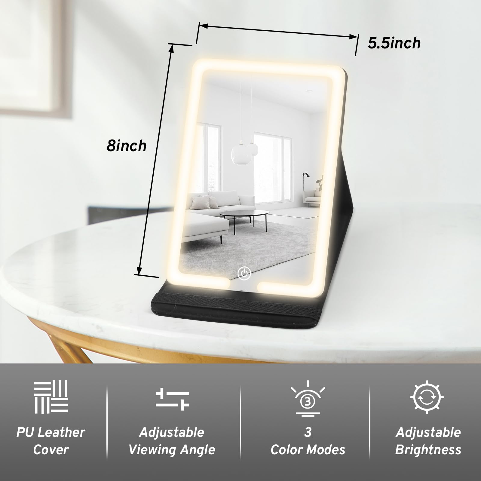 Lighted Travel Makeup Mirror, PU Leather Vanity Cosmetic Mirror with Lights, Rechargeable 1500mAh Battery, 3- Color Light Modes Dimming LED Light Up Mirror of 8X5.5inch, Travel Accessories for Makeup