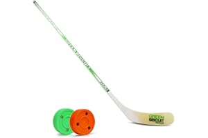 Green Biscuit Youth Street Hockey Stick with Two NHL Off Ice Hockey Pucks- Junior Ice Hockey Stick, Durable, ABS Blade and Premium Wood Shaft for Easy Grip and Better Control