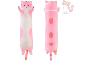 SNOWOLF Cute Cat Plush Long Body Pillow Cat Stuffed Animals Plushie Toy Soft Throw Sleeping Cotton Kitten Pillow Gift for Kids Girls (Pink, 19.7")