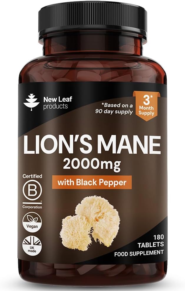 NEW LEAF PRODUCTS Lions Mane 2000mg 180 Vegan Tablets Black Pepper UK Made