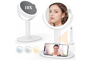 VIOAFLXI 7" Lighted Makeup Mirror with Magnification, 1X/10X Magnifying Mirror with Light, Rechargeable Double Sided LED Vanity Mirror, 360° Rotation Light up Mirror 3 Colors Brightness Adjustable, White