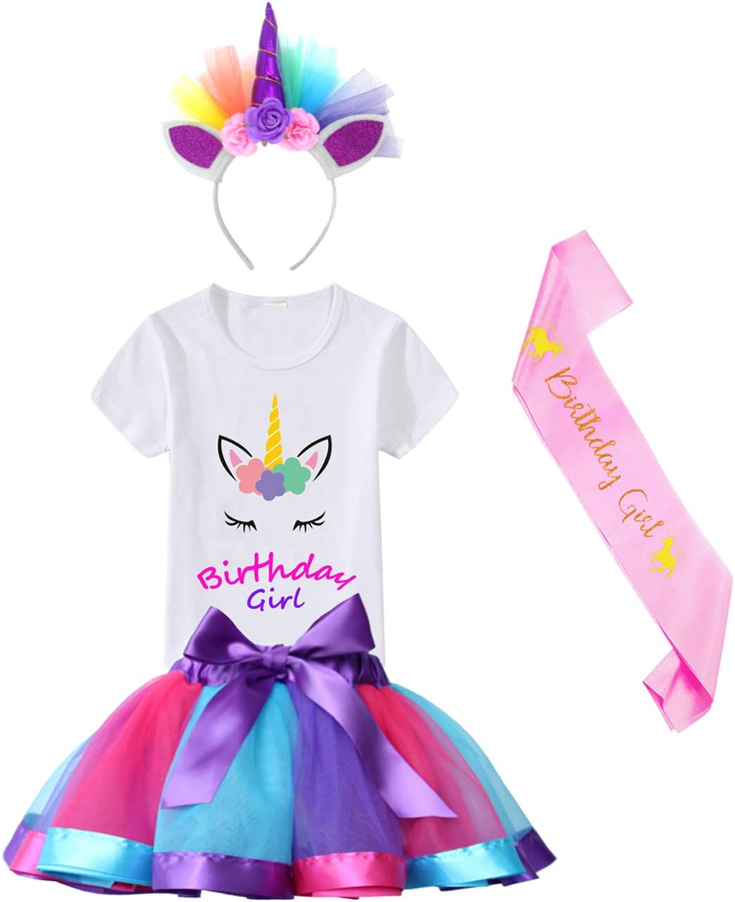 Little Girls Layered Tulle Rainbow Tutu Skirt with Unicorn T-Shirt,Headband and Birthday Sash
