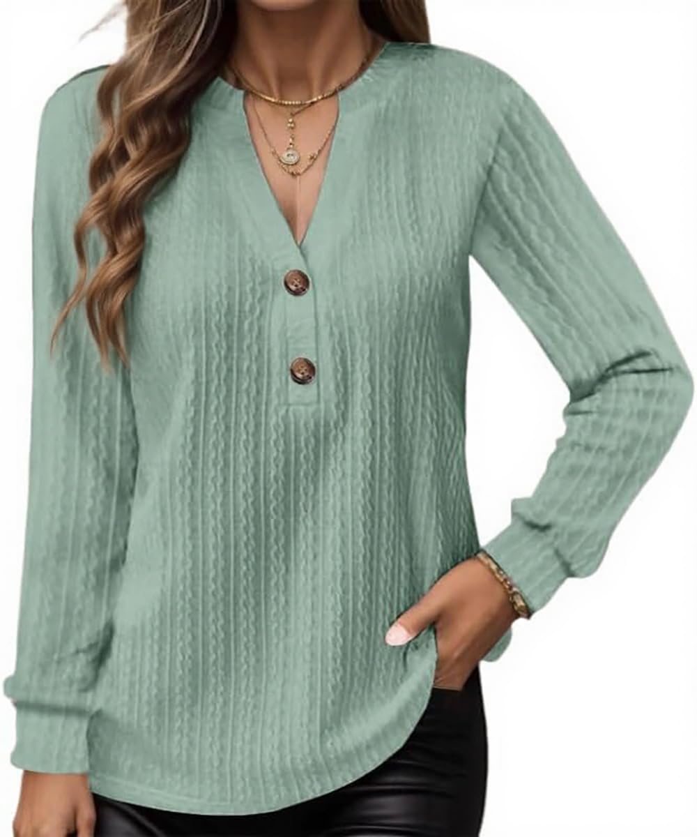 Photo 1 of **MISSING BUTTONS**
Women's Lightweight Half Button Down Shirt Casual V Neck Long Sleeve Twist Pattern Tunic Tops Comfy Solid Color Blouse Green Large