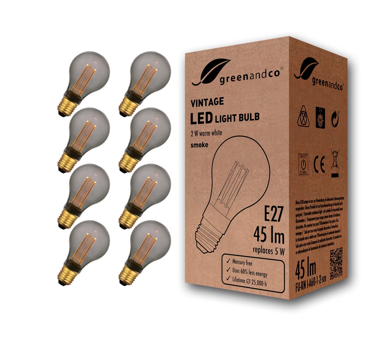 greenandco 8X Decorative LED Vintage Light Bulb | E27 A60 | Smoke | 2W 45lm | 1800K Extra Warm White | 320° | 230V | Flicker Free | Not Dimmable
