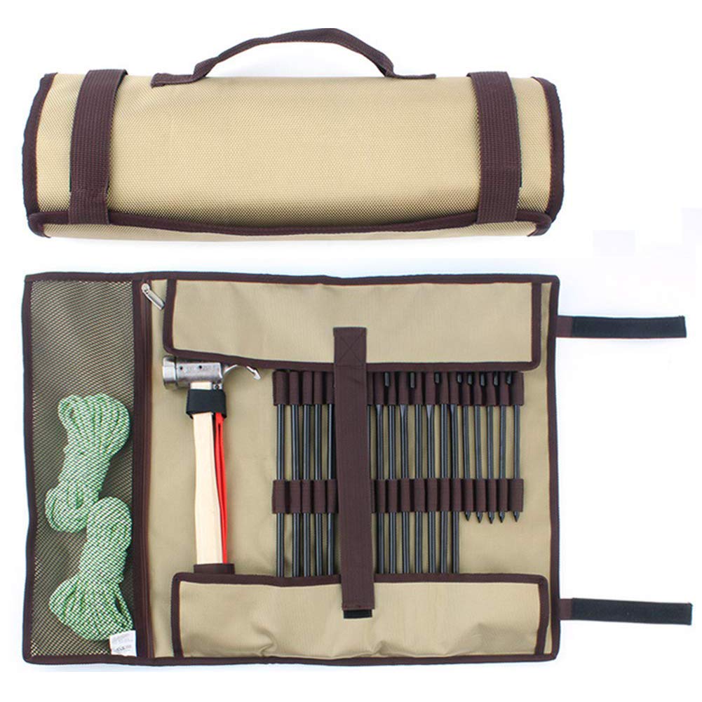 TINTON LIFE Storage Bag, Heavy Duty Oxford Polyester 1680D, Holds 20 Tent Stakes up to 15.7in, Roll-up Design with Hook and Loop Fastener, Khaki