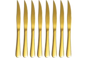 Gold Steak Knife Set, Kyrtaon Golden Serrated Knife, Titanium Gold Plating Stainless Steel Sharp Knives Set, Dinner Knifes Se