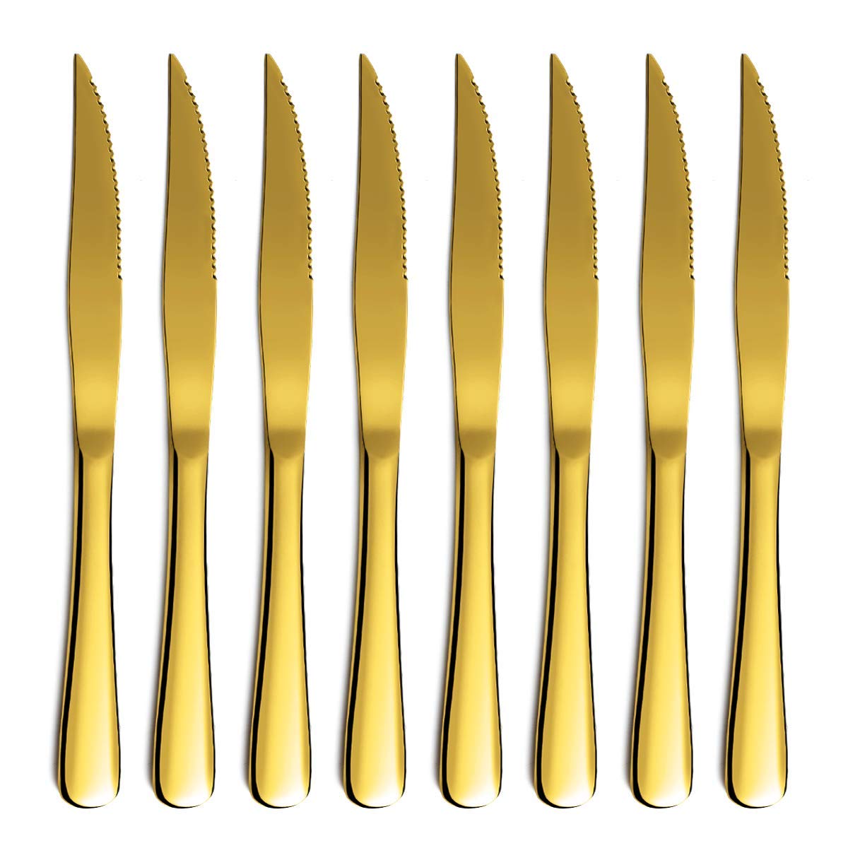 Gold Steak Knife Set, Kyrtaon Golden Serrated Knife, Titanium Gold Plating Stainless Steel Sharp Knives Set, Dinner Knifes Set of 8, Dishwasher Safe Sturdy and Easy to Clean