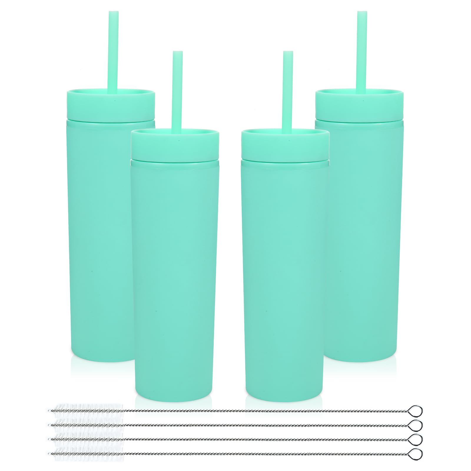 Volhoply 16oz Plastic Skinny Tumblers Bulk 4 Pack,Double Wall Tumbler with Lid and Straw,480ML Reusable Iced Coffee Mug,BPA Free Matte Acrylic Water Cups with Straw for Parties,DIY Gifts(Green,4 Set