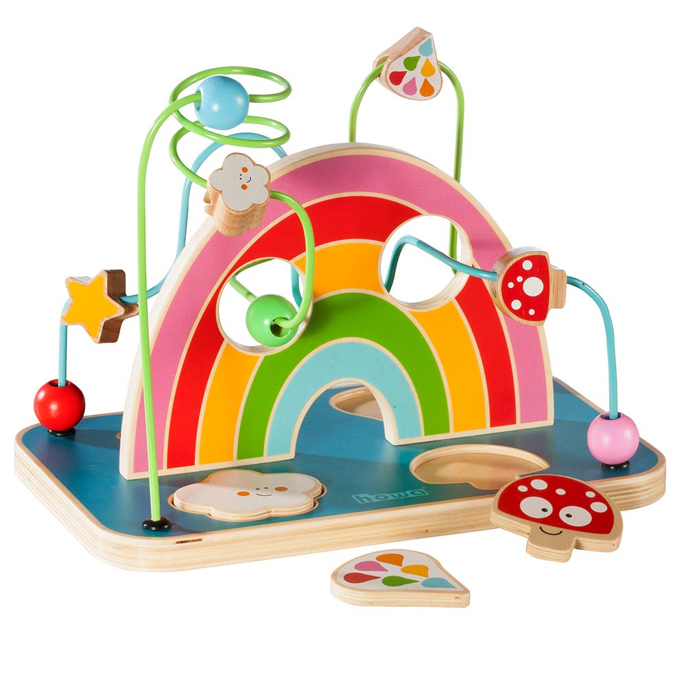 Howa Wooden Motor Skills Toy with Puzzle - My Rainbow 6006 - Ages Infant, Toddler - Includes 4 Puzzle Pieces, 2 Wires, Cloud, Star, Raindrop, Marbles, Toadstool