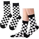 Azyekiny 2 Pairs Women Organic Cotton Soft Cozy Checkerboard Checkered Socks Calf Crew Plaid Graphic Casual Spring Winter Outdoor Valentine's Day Gifts Black White 2026