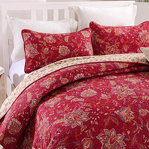 mixinni 100 Cotton 3Piece Floral Reversible Red Quilt Set(1 Quilt and 2 Shams) Bedspread