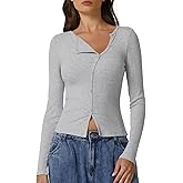 QINSEN Women's Long Sleeve Ribbed Crewneck Shirts Upper Button Fastening Going Out Tops