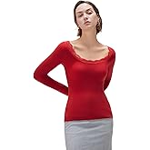 SUUKSESS Cloud Cashmere Women Lace Scoop Neck Tops Basic Long Sleeve Knit Shirts