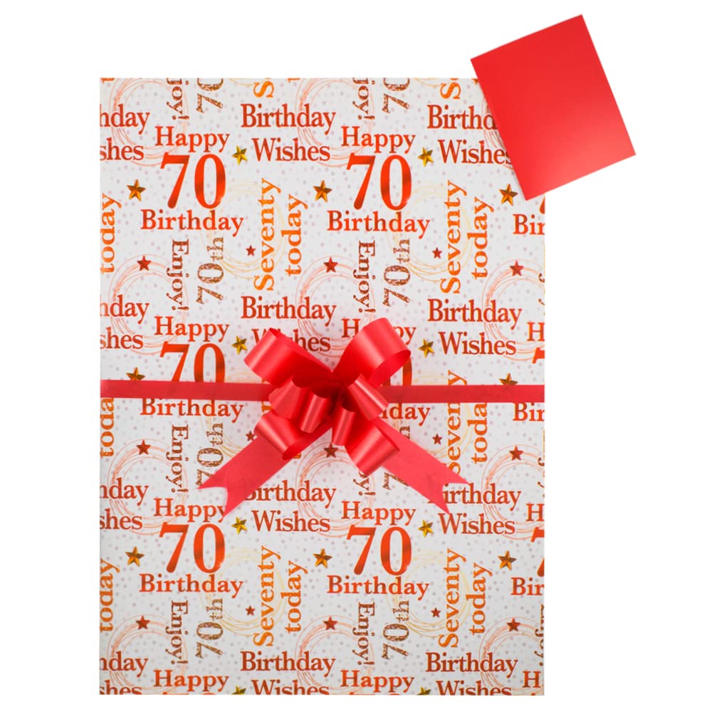 Giftwrap 70th Seventy Birthday Gift Wrap Pack, 2 Sheets Wrapping Paper, 2 Red Tags and 2 RedPull Bows, Packaged in an A4 Boarded Envelope for Protection. Male Female Gift Present, Red,Silver