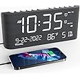 Digital Clocks for Bedrooms, Wooden Alarm Clock with Temperature and Humidity,Dual Alarm,Weekday/Weekend Mode,Snooze,USB Charger,Adjustable Brightness & Volume,Electric Clocks for Living Room Office