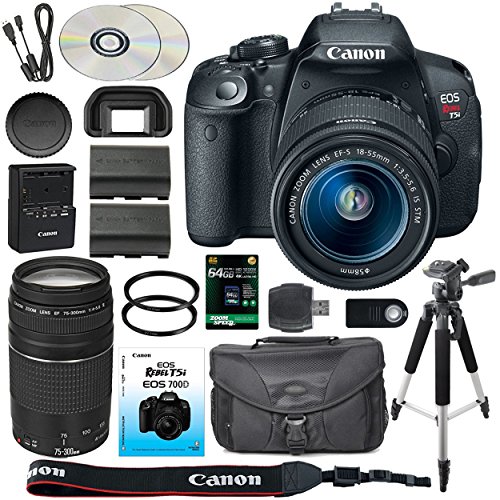Canon Eos Rebel T5i 700d Dslr Camera 18 55mm Is Stm Portrait Lens Ef 75 300mm Iii Telephoto Lens Spare Lp E8 Battery Camera Case Remote 64gb Sdxc Card Amp Canon Eos Rebel T5i 700d Dslr Camera 18 55mm Is Stm Portrait Lens Ef 75 300mm Iii Telephoto Lens Spare Lp E8 Battery Camera Case Remote 64gb Sdxc Card Amp