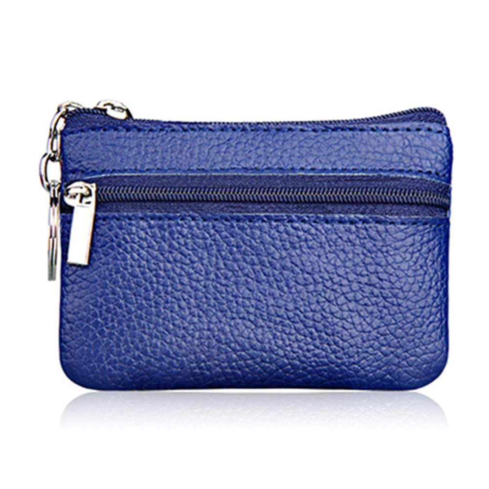 Auony Zippered Coin Pouch, Leather Coin Purse Change Holder Card Case Holder Organizer for Men Women (Blue)
