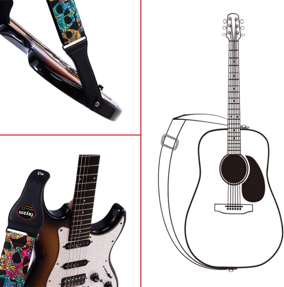 Rayzm Guitar Strap/Bass Strap, Cotton Belt for Acoustic/Electric/Bass Guitar with Pick Pocket & Cool Skull, Adjustable Length - Image 5