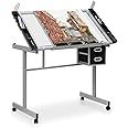 Magshion Adjustable Drafting Table with 65° Tilting Glass Top – Portable Art Desk with 2 Storage Drawers, 4 Tool Trays & Lockable Rolling Casters for Artists, Designers, & Students (Clear)