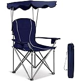 GYMAX Camping Chair, Folding Outdoor Lawn Chair with Canopy, Carry Bag & Cup Holder, Portable Heavy Duty Camp Chair for Outside Travel, Picnic, Beach Soccer Chairs (Blue)