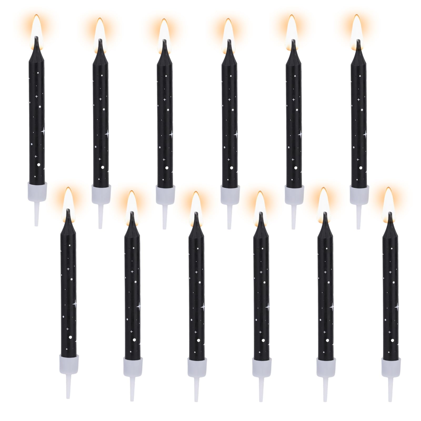 12pcs Happy Birthday Cake Candles, Black Long Thin Galaxy Star Space Theme Cupcake Candles for Kids Cute Cartoon Theme Party Candle Toppers for Bday Gatherings Decorations