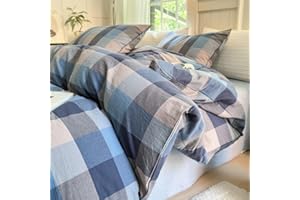 VM VOUGEMARKET Blue Plaid Duvet Cover Sets Queen,Soft Washed Cotton 3 Pieces Gingham Duvet Cover with Zipper Closure for Teen Boys Girls Simple Modern Bedding Set (Blue/Grey/Beige)