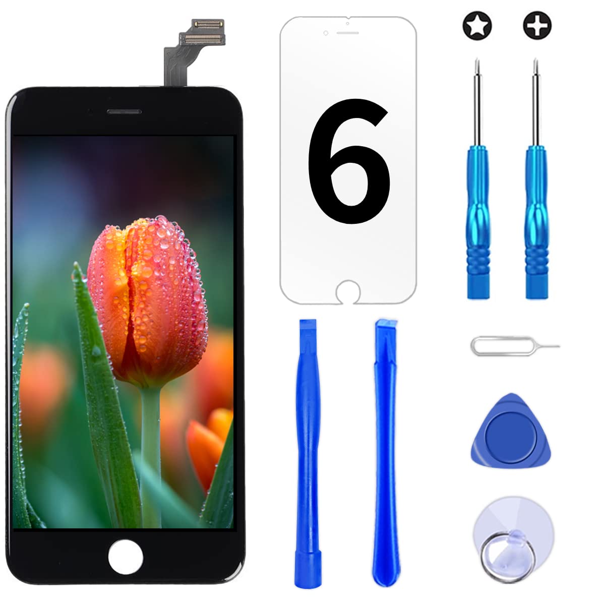 Brinonac Screen Replacement for iPhone 6 4.7 inch LCD Digitizer Touch Screen LCD Replacement Screen Frame Assembly Full Set with Tools and Protector (Black) — image 1