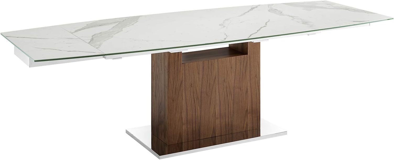 Talenti Casa Olivia Motorized Dining Table in White Marbled Porcelain top on Glass with Walnut Veneer Base.