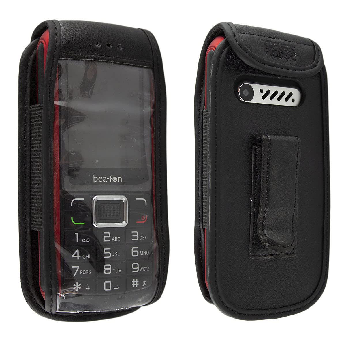 caseroxx Leather-Case with belt clip compatible with Bea-fon AL560 made from genuine leather, Pouch with belt clip and viewing window in black