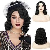 Amnenl Black Curly Finger Wave Wigs for Women Long 1920s Wig Vintage Wigs Lady Synthetic Cosplay Costume Wig