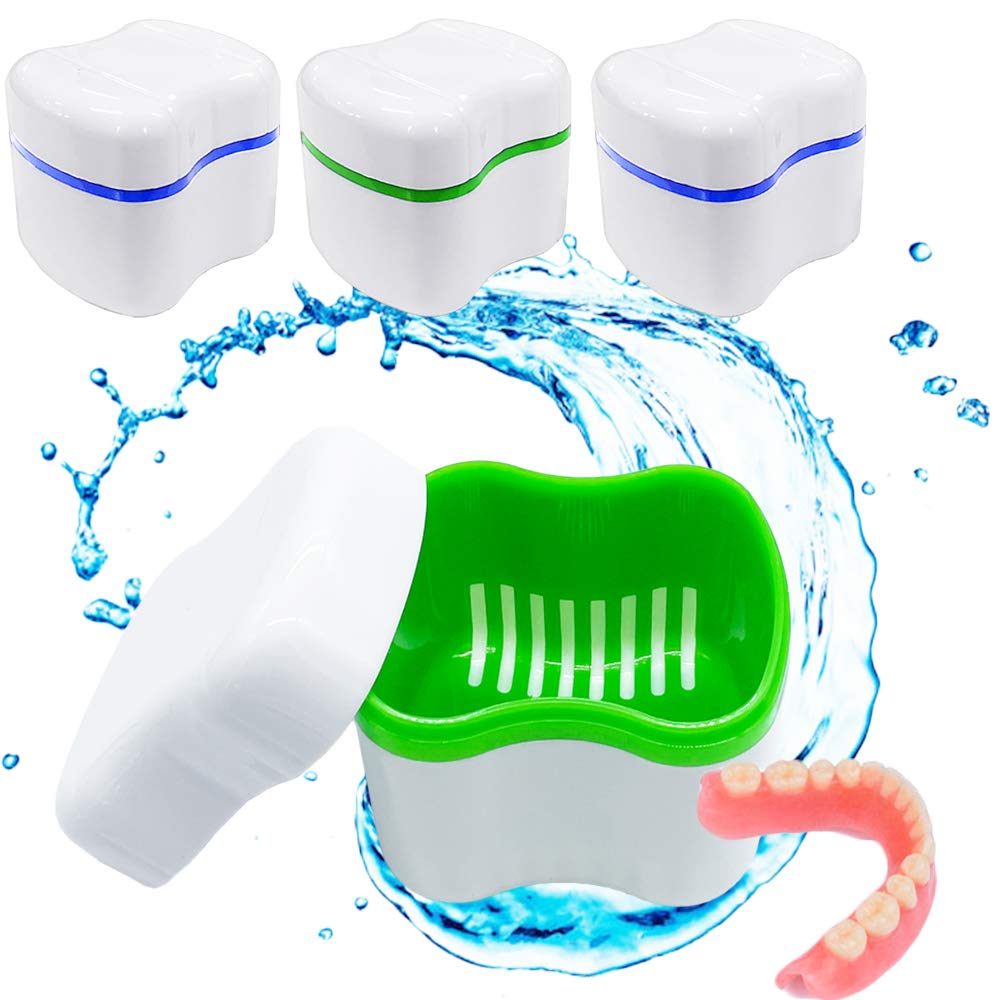 4 Pack Denture Box Case, Dentures Cup Bath Retainer Container with Stainer Basket, Denture Retainer Holder for Travel, Retainer Cleaning, Safeguard Dentures : Beauty