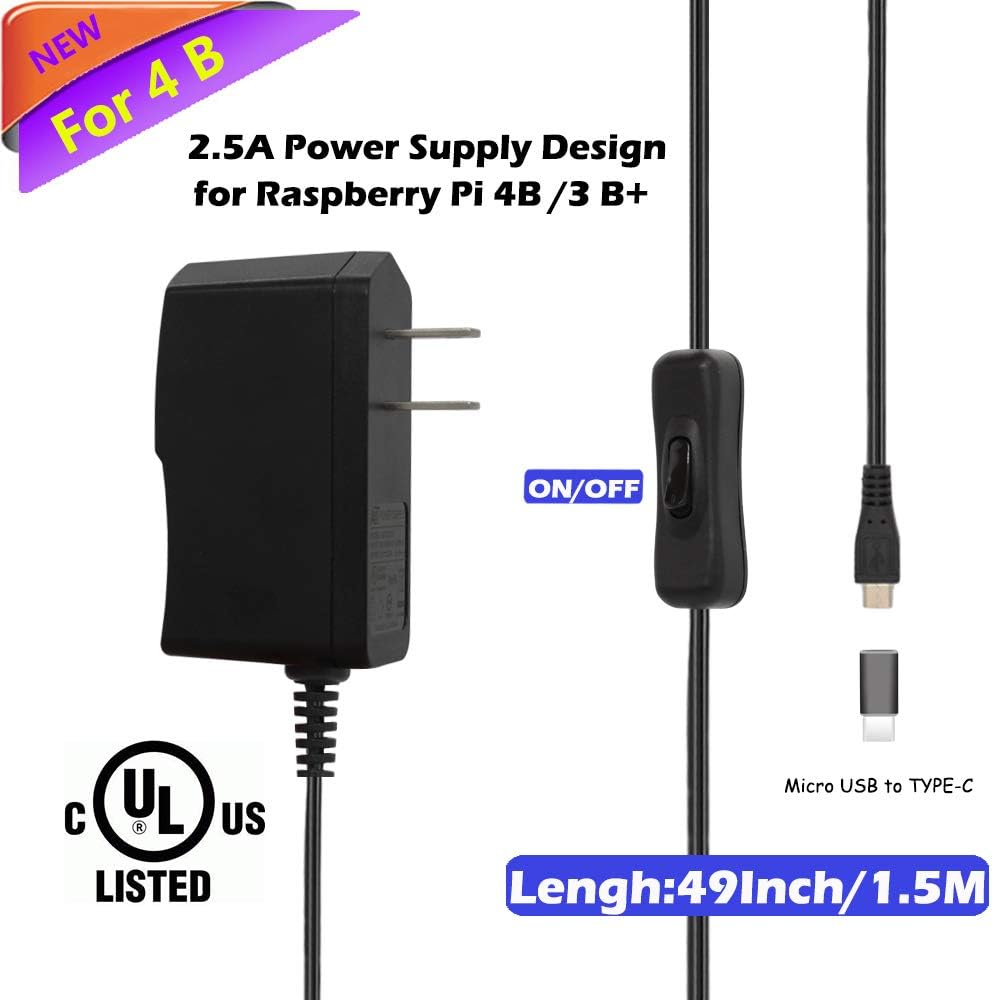 iUniker Raspberry Pi 4b Power Supply, Raspberry Pi 4b Power Supply Power Switch Push On Off for Raspberry Pi 4 Model B, Pi 3b+, 3b,Pi 2, B+,Zero w with MicroUSB to Type-C Adapter (UL Listed)