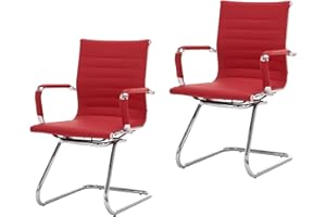 CIMOTA Waiting Room Chairs Leather Office Guest Chair Mid Back Reception Chairs with Sled Base for Meeting/Patient/Conference Room, Red Set of 2