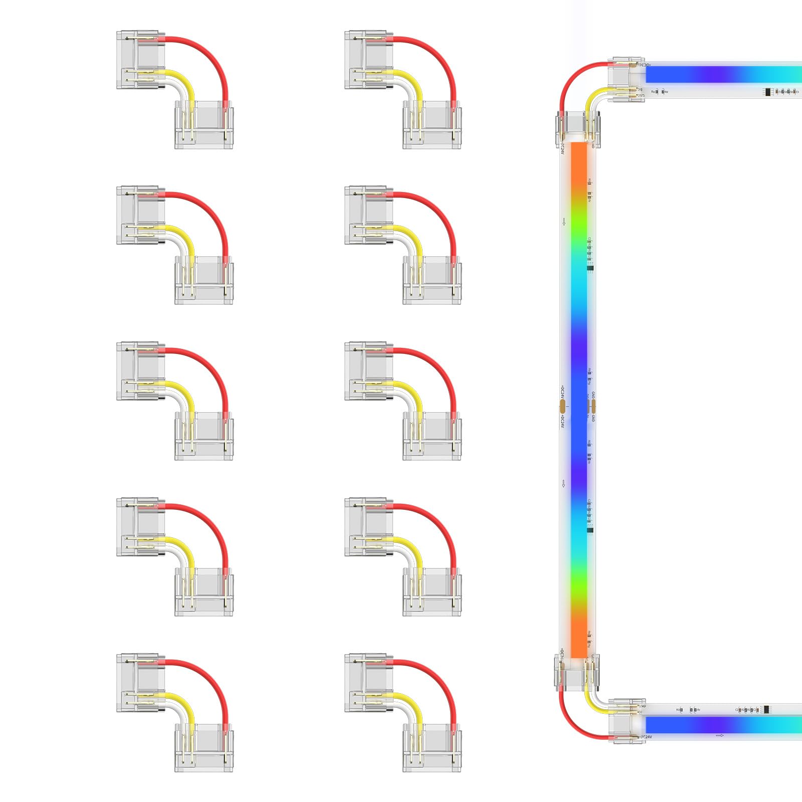 PAUTIX 12mm Connectors for 3-Pin RGB Smart IC COB LED Strip Lights, 10pcs L-Shaped/Corner(Left) Connectors,Solderless Terminal Extension Connection Set,NOT for 10mm/8mm/5mm LED Tape Lights