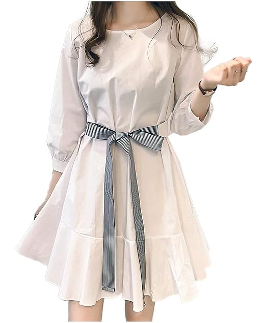 Amazon ネコート 七分袖 ワンピース リボン ウエスト 膝丈 着やせ フリル エレガント カワイイ フンワリ M Xl レディース ワンピース チュニック 通販