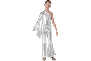Lorilida Girls Shiny Hip Hop Jazz Dance Jumpsuits Flared Sleeve Bell-bottom Disco Theme Party