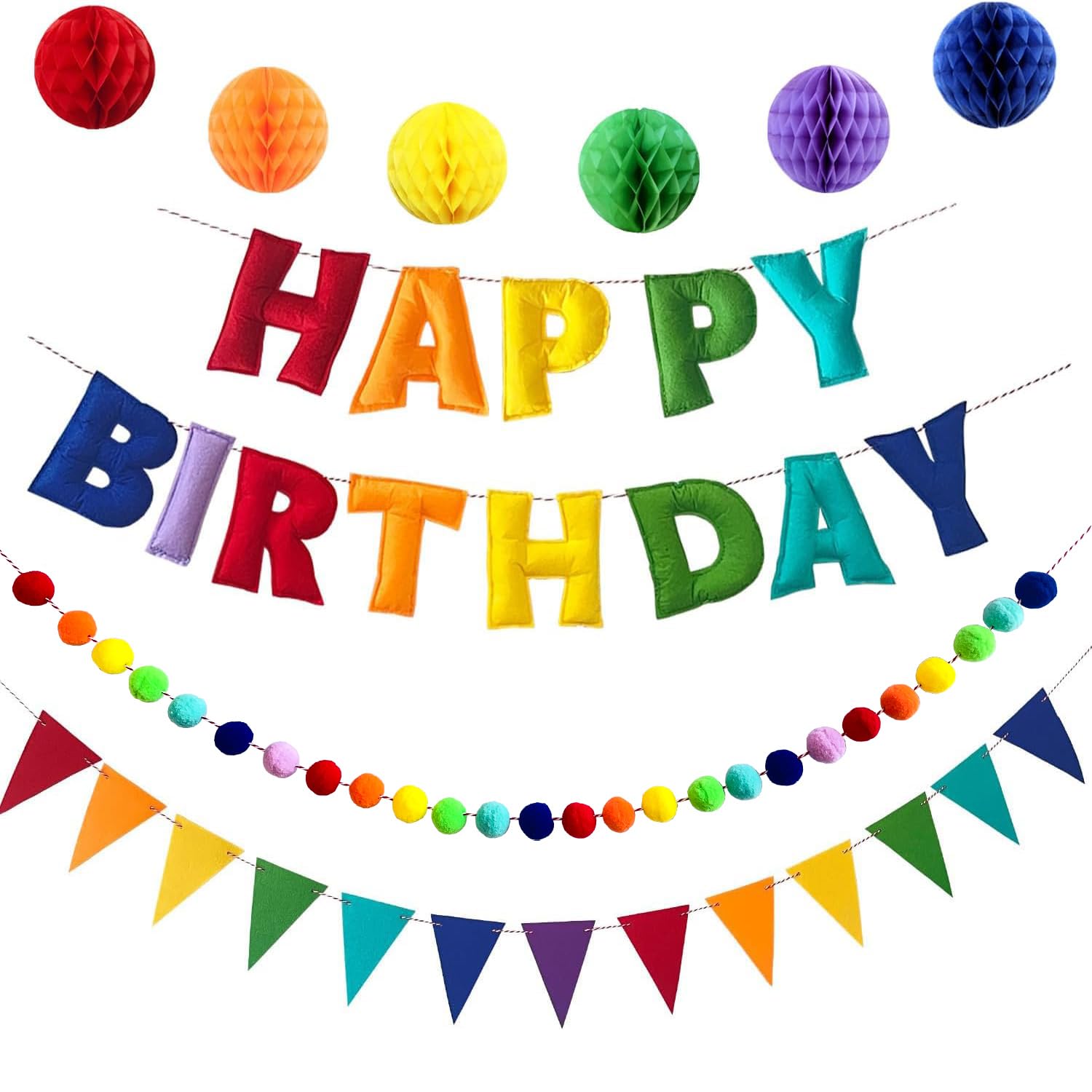 Pre-Strung Happy Birthday Banner - Felt Ball Garland - HAPPY BIRTHDAY Garland, Rainbow Birthday Decorations, Personalized Sign for Party Decor, Photo Prop (Purple I Royal Ball)