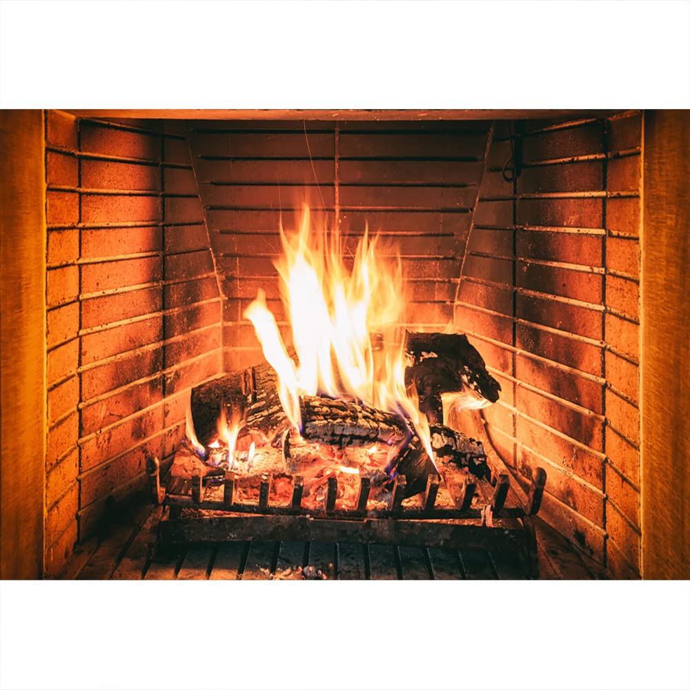 Aoihrraan 1,5x1m Burning Firewoods Photography Backdrop Vintage Brick Fireplace Blazing Fire Flaming Wood Background Camping Barbeques Winter Christmas Party Decoration Portrait Photo Studio Props