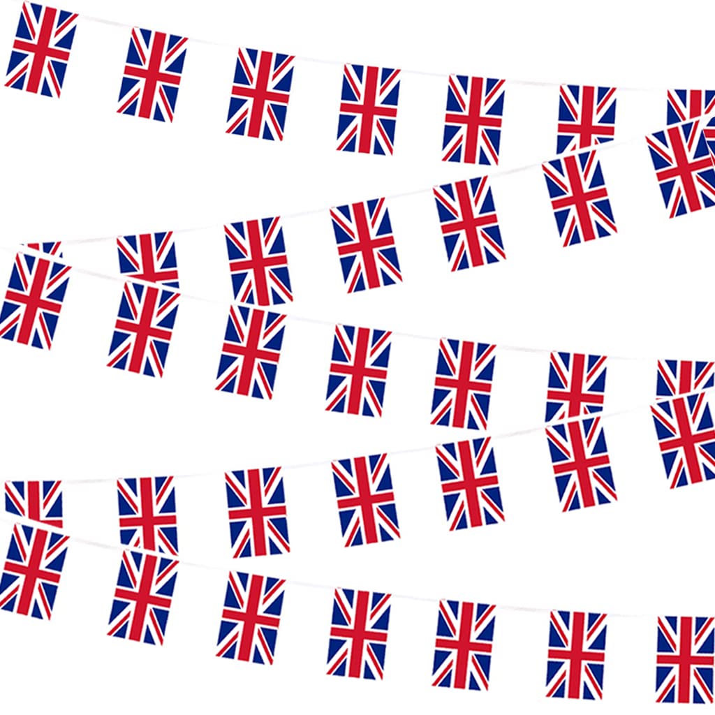 Union Jack Bunting Banner 32.8ft Reusable Outdoor Waterproof 30 UK Britain Squre Flags,Union Jack Flags String Bunting VJ Day 80th Anniversary Decorations for VJ Day Street Party