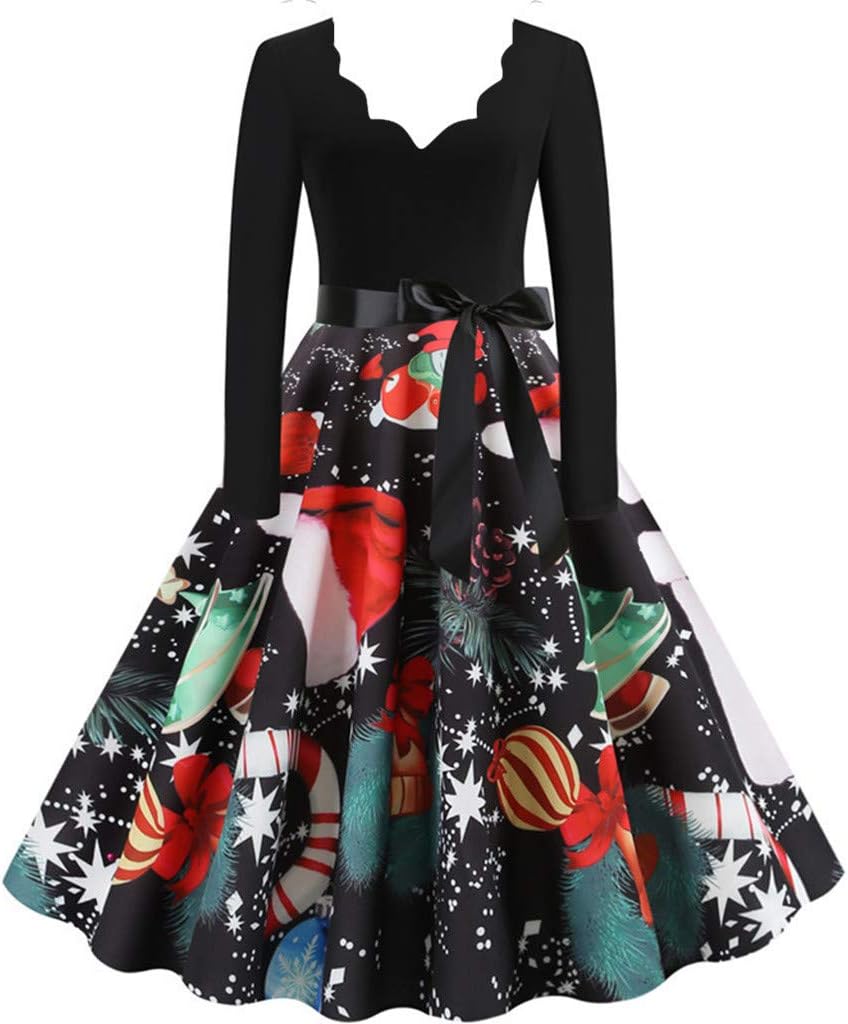 NEEDRA Women's Retro O Neck Butterfly Musical Note Printed Evening Dress