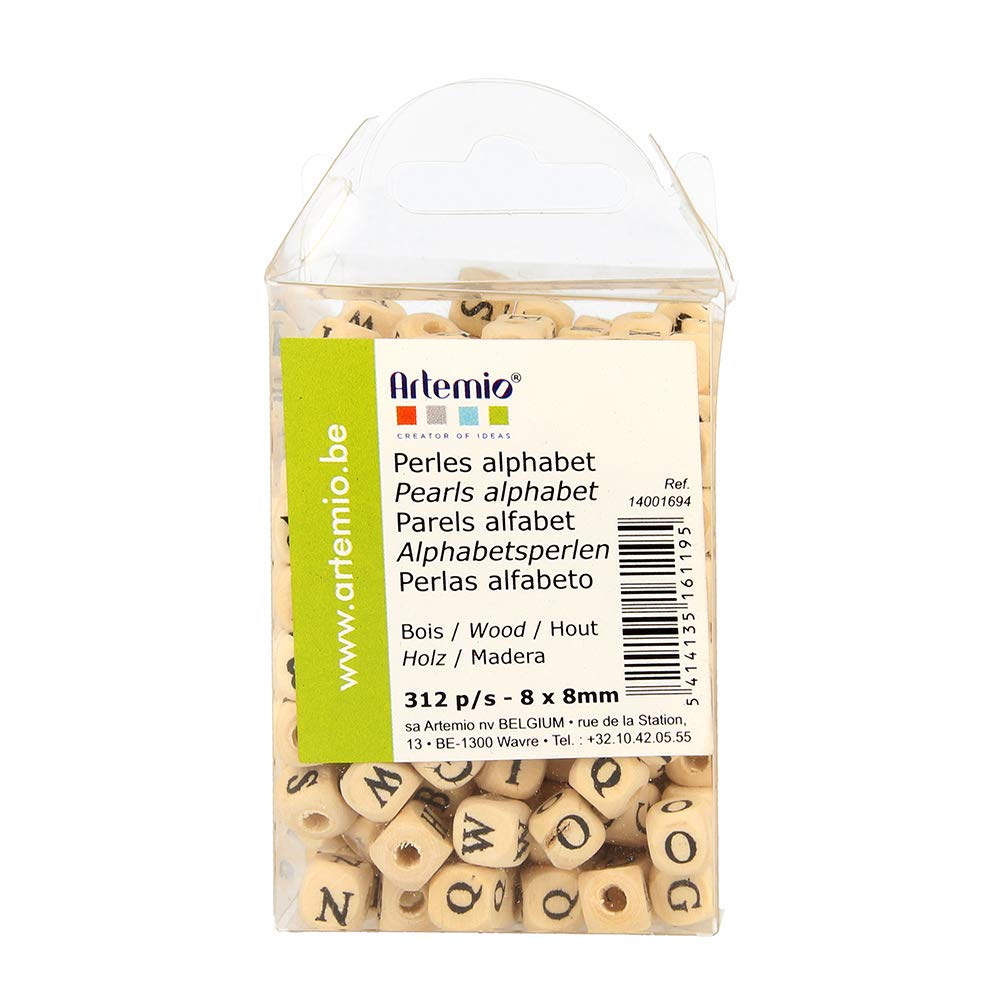 Artemio 8 x 8 mm Alphabet Wooden Square Beads, Set of 312, Beige